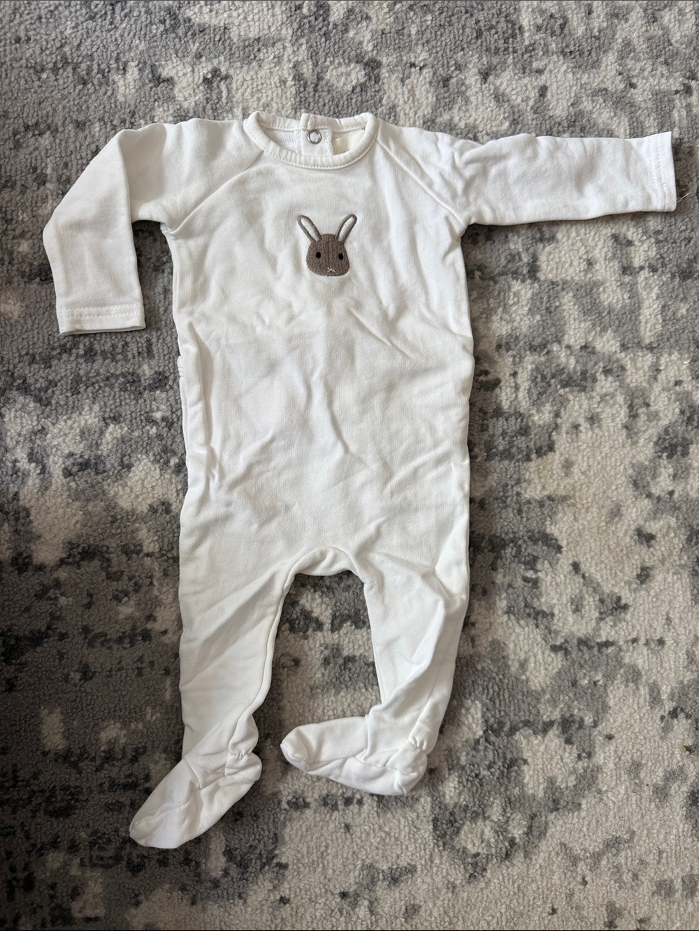 White Baby Footie with Brown Bunny Appliqué
